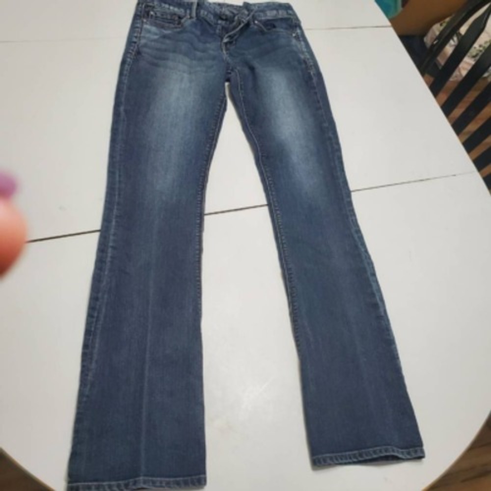 Express Womens Barely Boot Cut Jeans Blue Pockets Stretch Denim Zero R